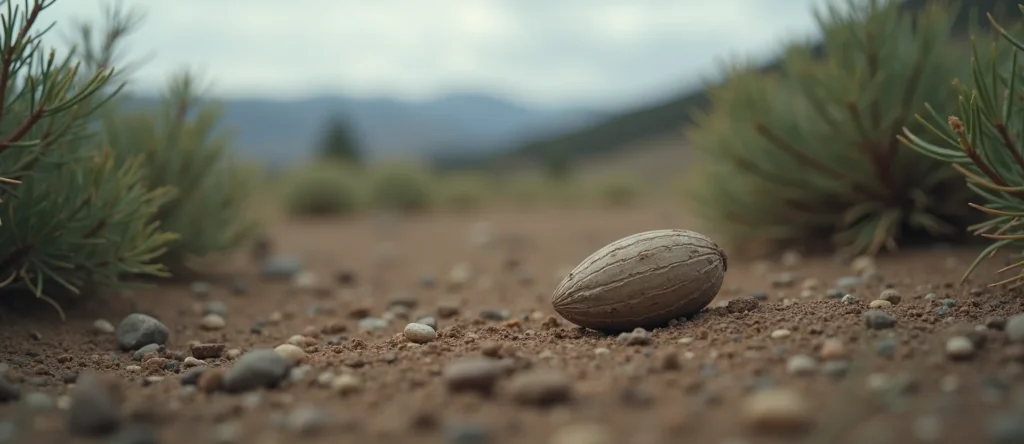 Symbolizing Seed/New Beginning: A local Rabbitbrush single pine seed on dry earth. - AI Generated