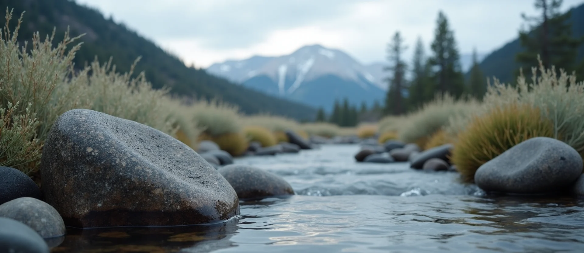 Symbolizing Flow/Cleansing: A local Sagebrush (Artemisia tridentata) smooth Truckee river stones. - AI Generated