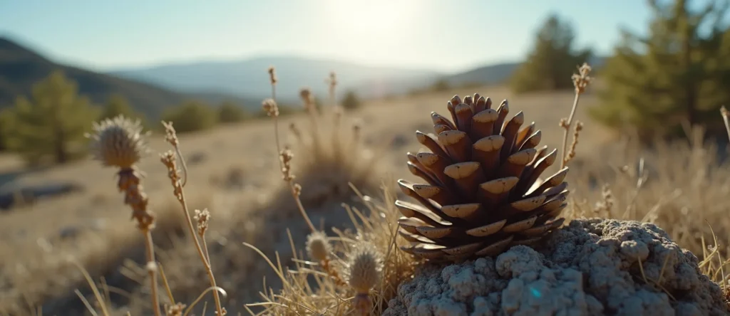Symbolizing Seed/New Beginning: A local Bitterbrush opening pine cone. - AI Generated