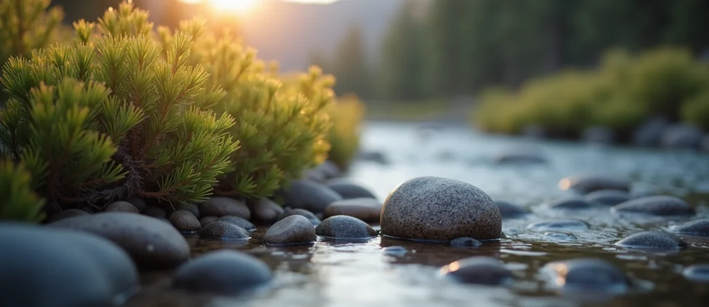 Symbolizing Flow/Cleansing: A local Rabbitbrush smooth Truckee river stones. - AI Generated
