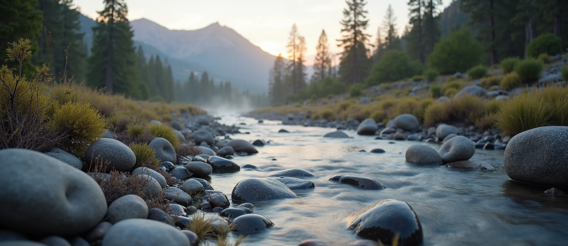Symbolizing Flow/Cleansing: A local Bitterbrush smooth Truckee river stones. - AI Generated