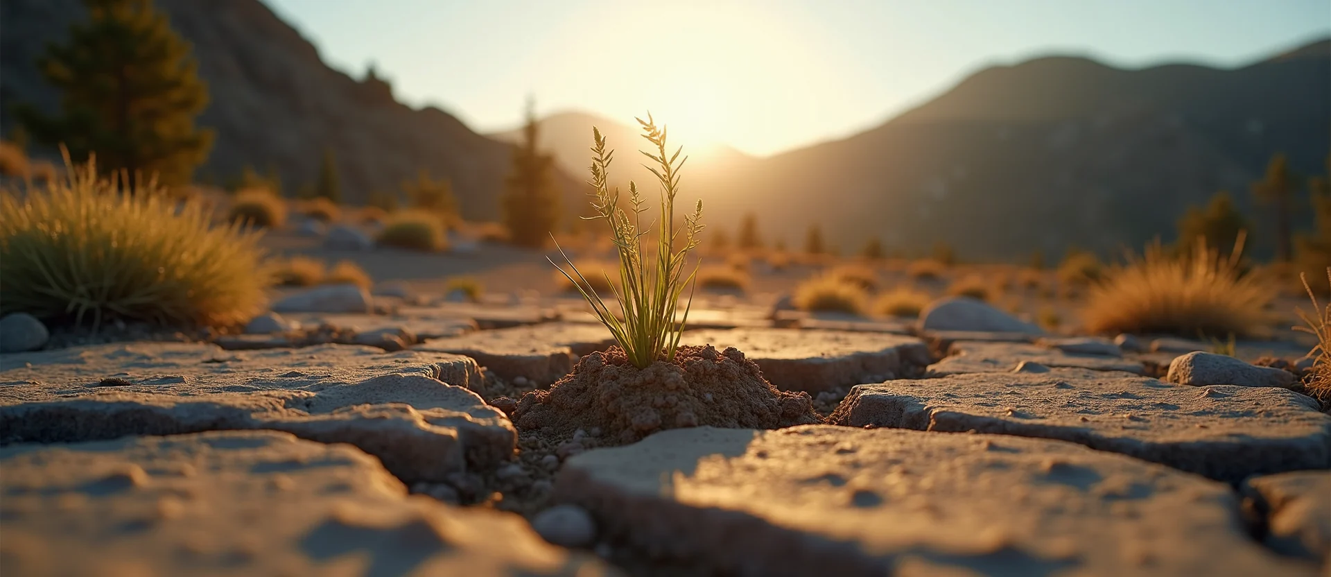 Symbolizing Seed/New Beginning: A local Rabbitbrush shoot emerging from cracked soil. - AI Generated