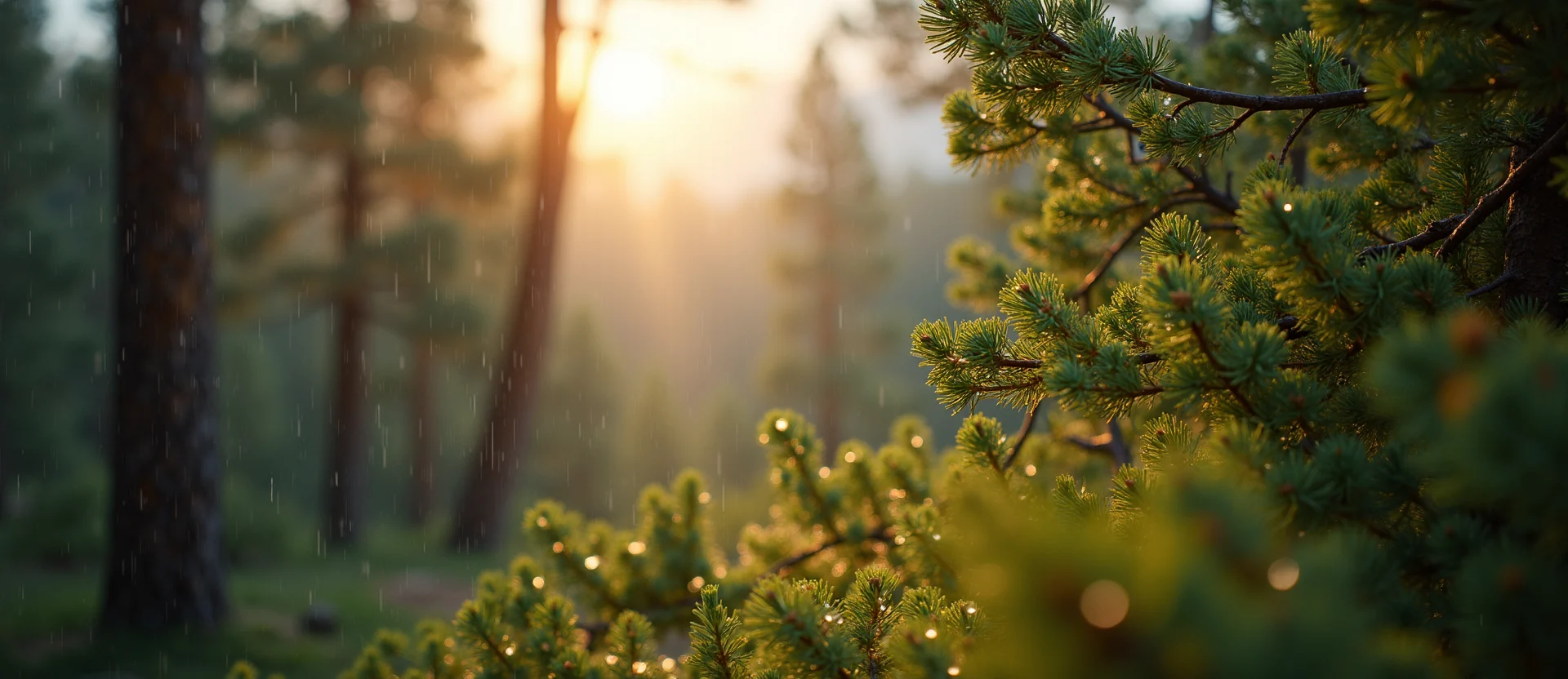 Symbolizing Flow/Cleansing: A local Ponderosa Pine raindrops on desert leaves. - AI Generated