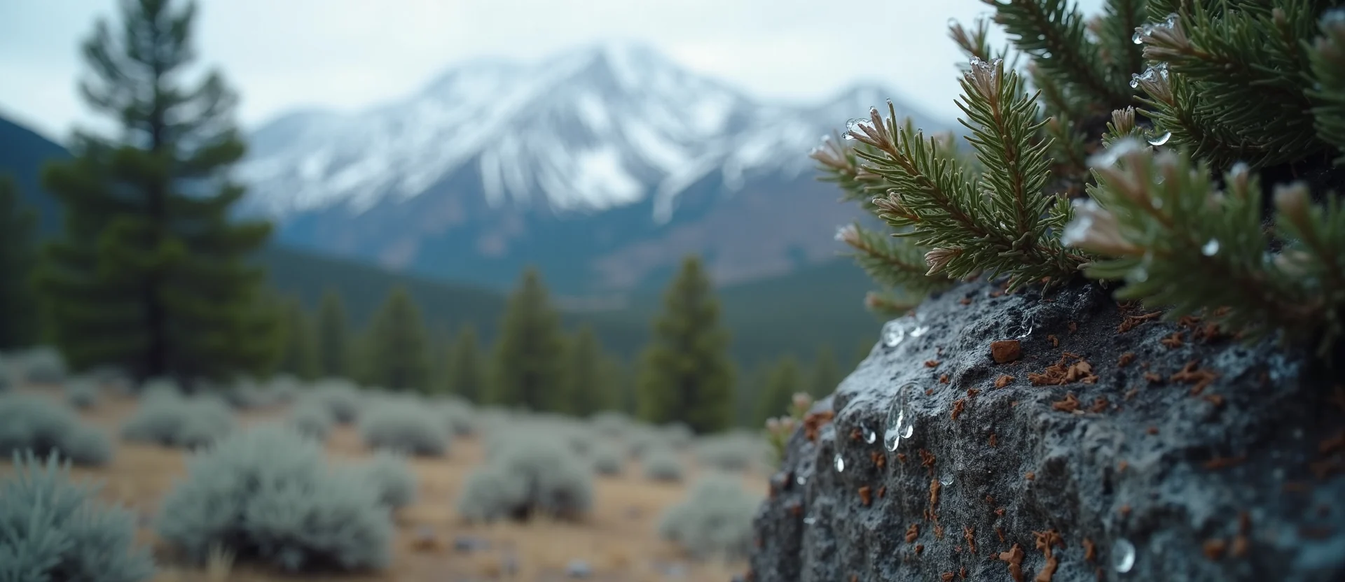 Symbolizing Flow/Cleansing: A local Ponderosa Pine raindrops on desert leaves. - AI Generated