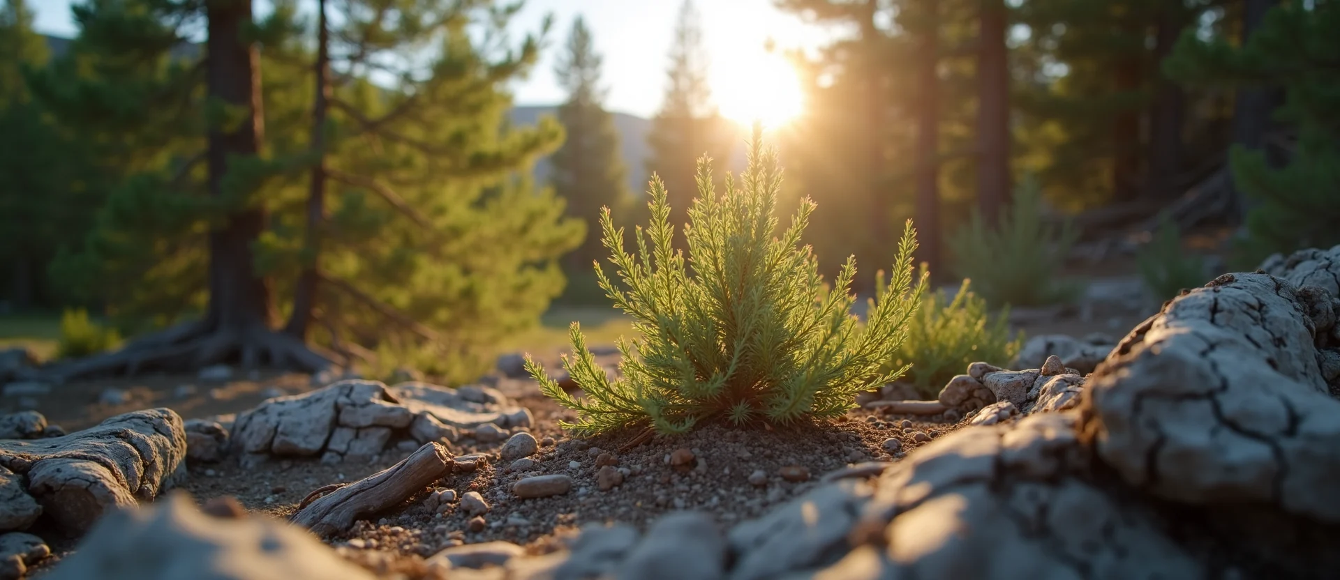 Symbolizing Seed/New Beginning: A local Sierra Juniper sprouting sagebrush seedling. - AI Generated