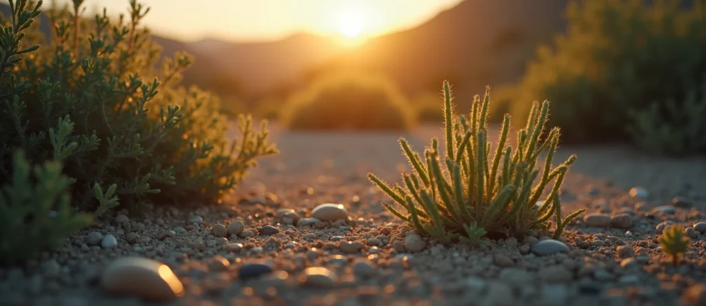 Symbolizing Flow/Cleansing: A local Sagebrush (Artemisia tridentata) raindrops on desert leaves. - AI Generated