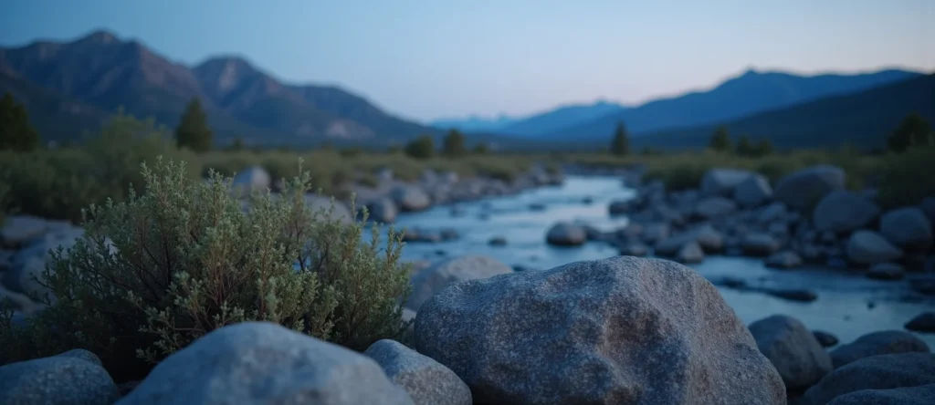 Symbolizing Flow/Cleansing: A local Sagebrush (Artemisia tridentata) smooth Truckee river stones. - AI Generated