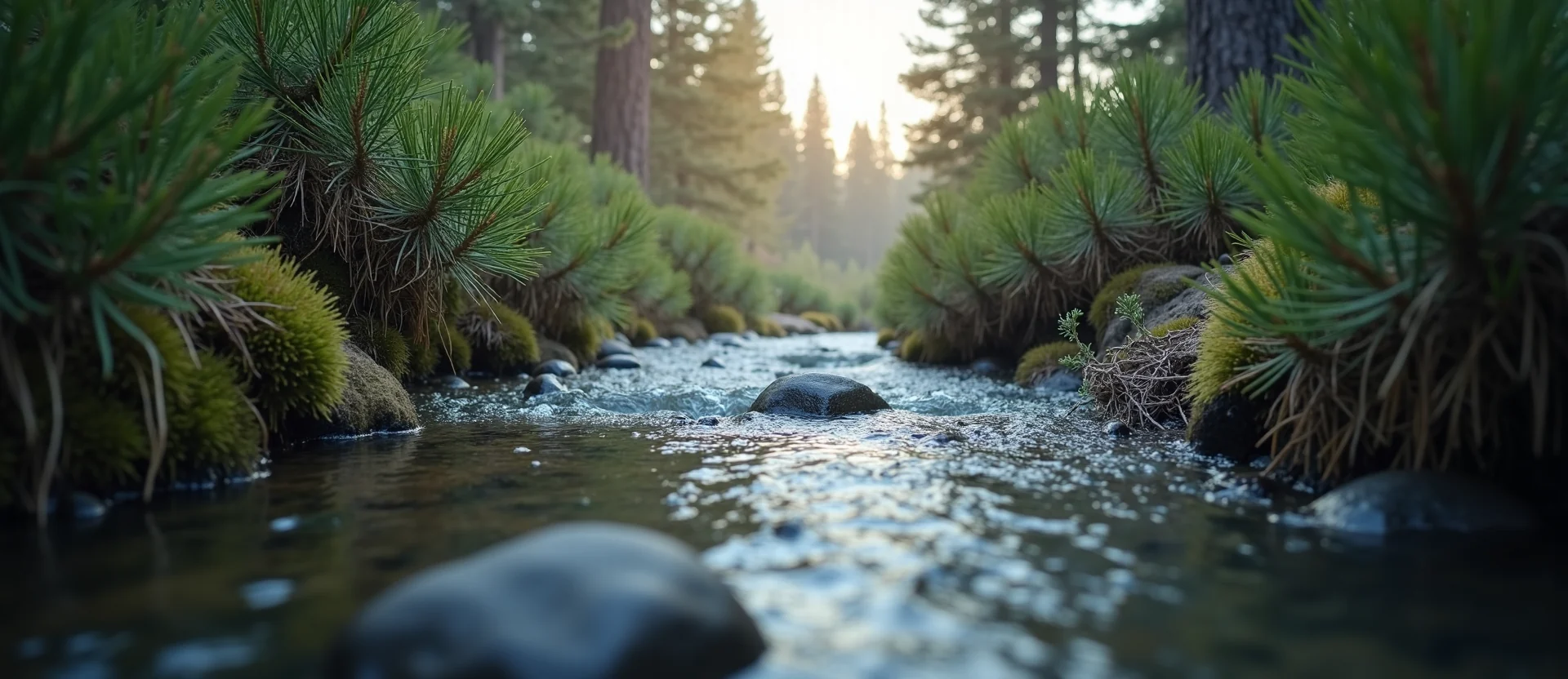 Symbolizing Flow/Cleansing: A local Sierra Juniper clear cold snowmelt stream. - AI Generated