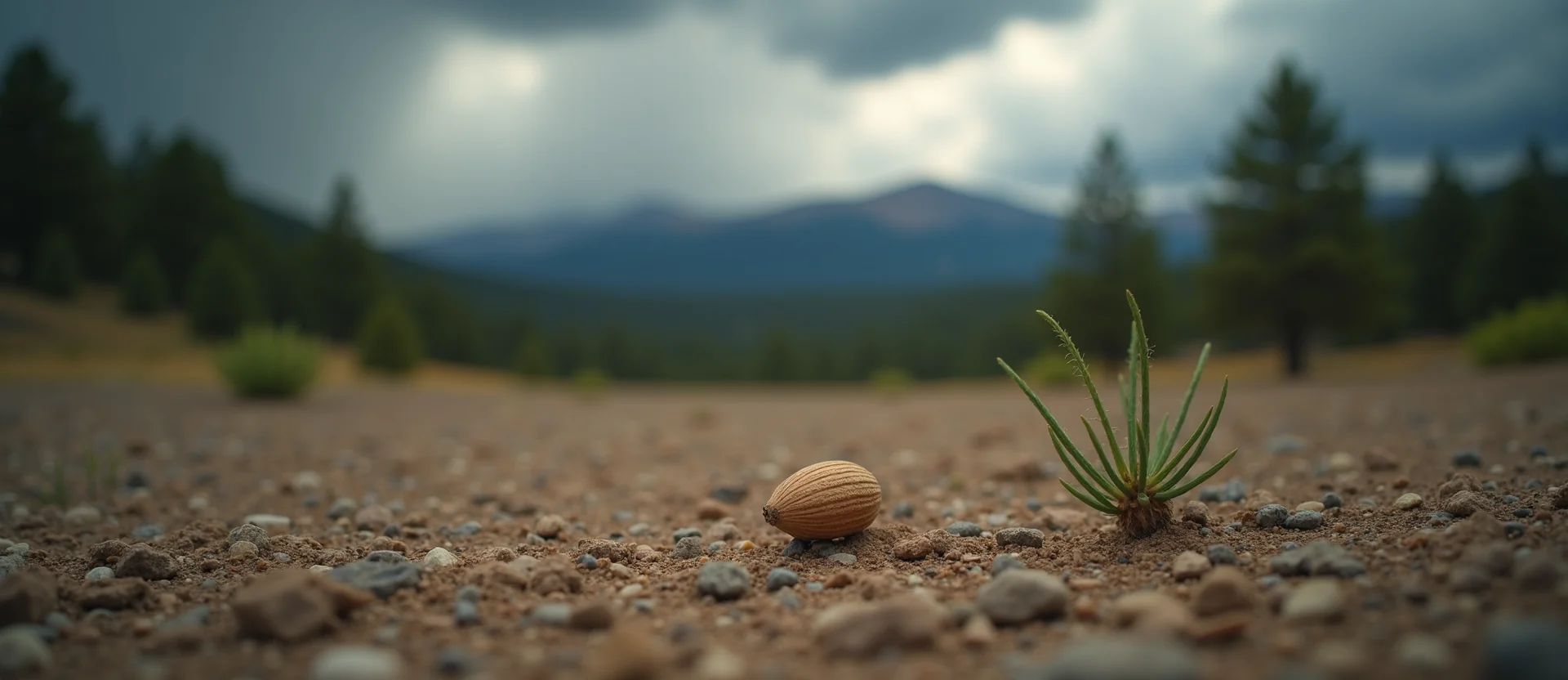 Symbolizing Seed/New Beginning: A local Quaking Aspen single pine seed on dry earth. - AI Generated