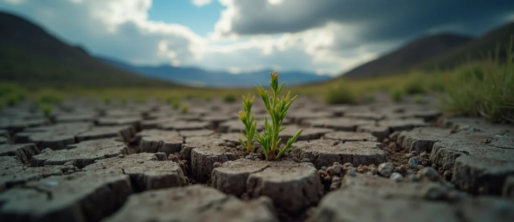 Symbolizing Seed/New Beginning: A local Bitterbrush shoot emerging from cracked soil. - AI Generated