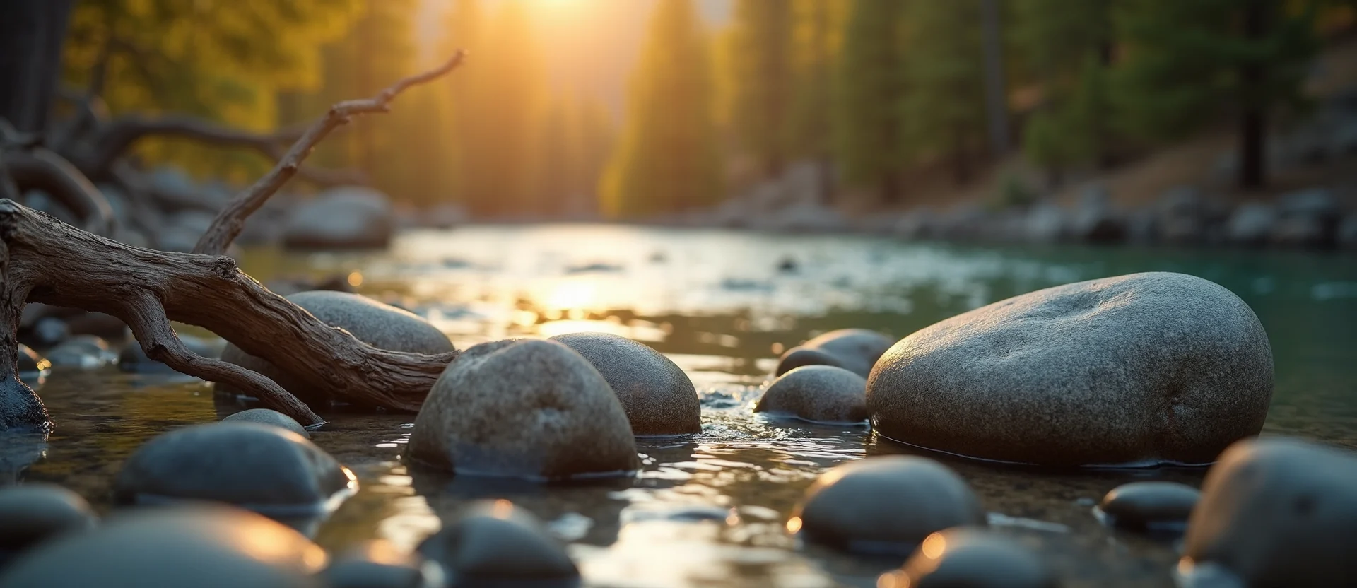 Symbolizing Flow/Cleansing: A local Quaking Aspen smooth Truckee river stones. - AI Generated