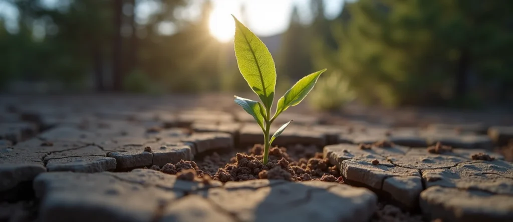 Symbolizing Seed/New Beginning: A local Ponderosa Pine shoot emerging from cracked soil. - AI Generated