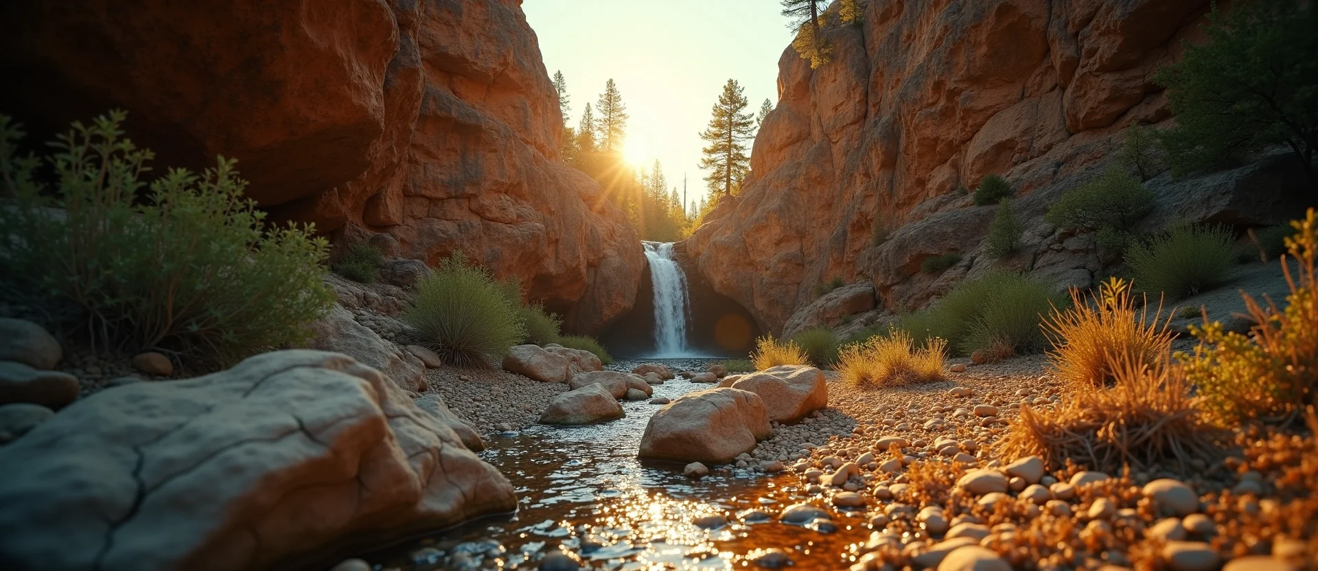 Symbolizing Flow/Cleansing: A local Desert Peach hidden small waterfall. - AI Generated