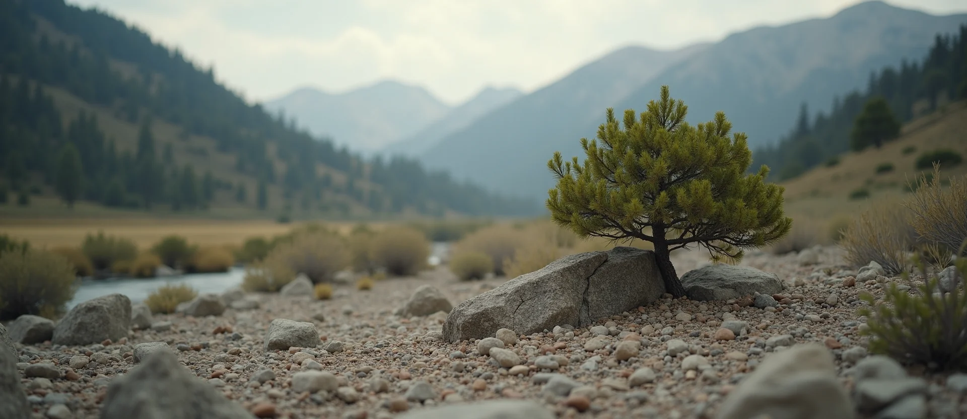 Symbolizing Growth/Resilience: A local Rabbitbrush tree growing out of a rock cleft. - AI Generated