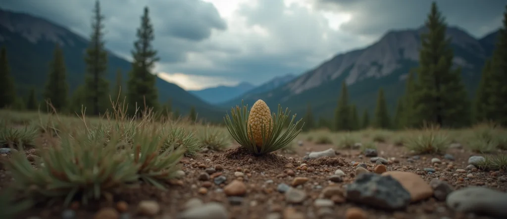 Symbolizing Seed/New Beginning: A local Sierra Juniper single pine seed on dry earth. - AI Generated
