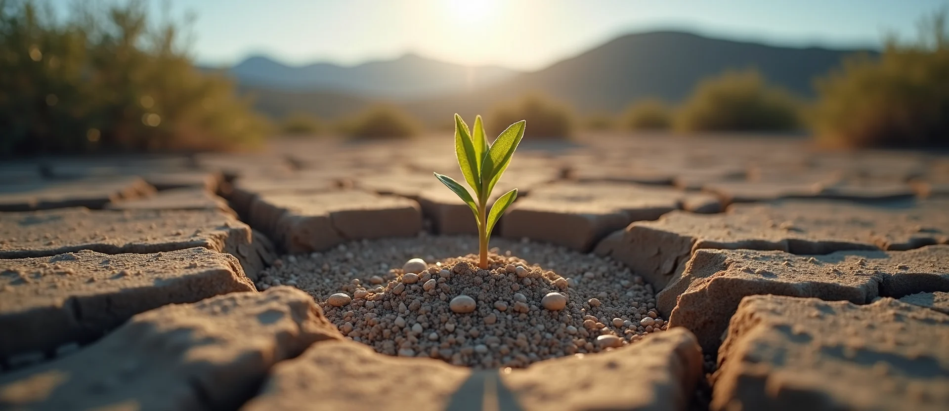 Symbolizing Seed/New Beginning: A local Bitterbrush shoot emerging from cracked soil. - AI Generated
