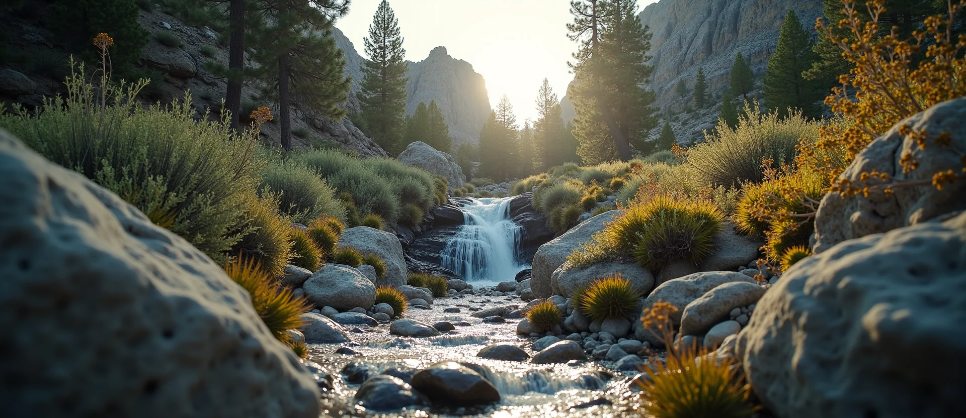 Symbolizing Flow/Cleansing: A local Rabbitbrush hidden small waterfall. - AI Generated
