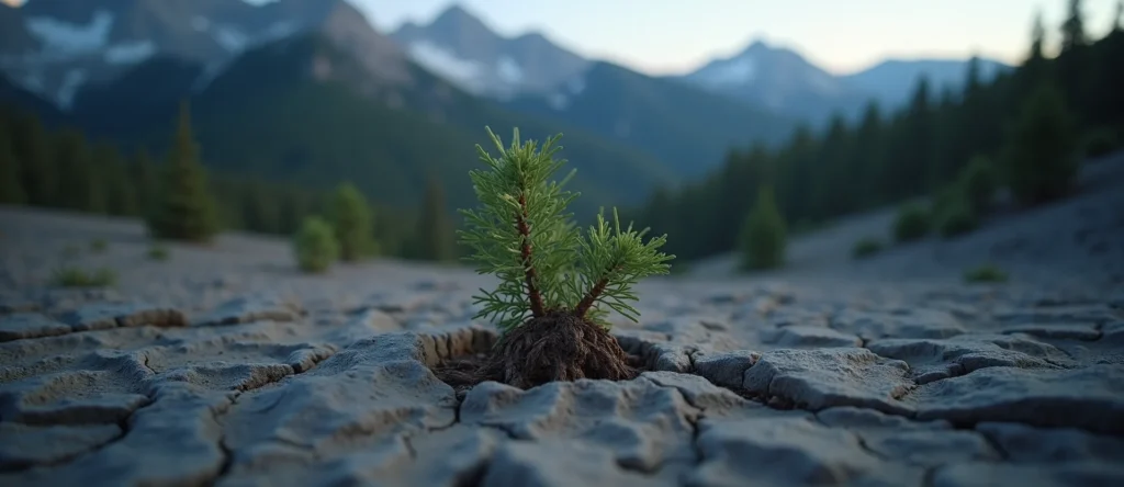 Symbolizing Seed/New Beginning: A local Mountain Mahogany shoot emerging from cracked soil. - AI Generated