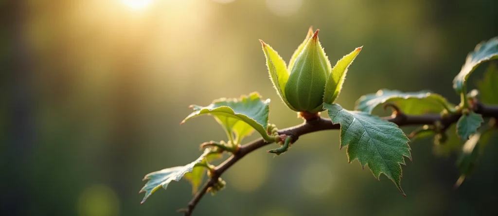 Symbolizing Seed/New Beginning: A local Desert Peach new green bud on a branch. - AI Generated
