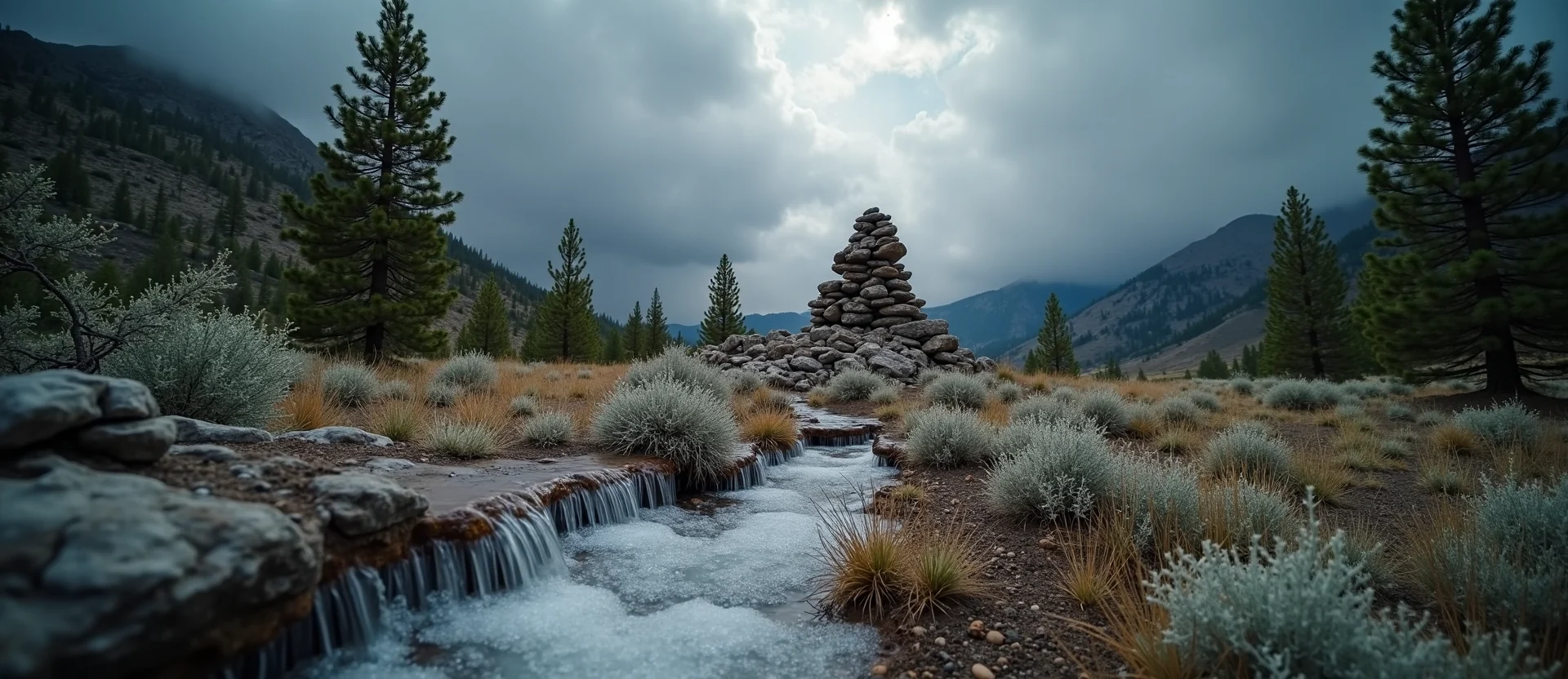 Symbolizing Stability/Peak: A local Quaking Aspen ancient rock cairn. - AI Generated