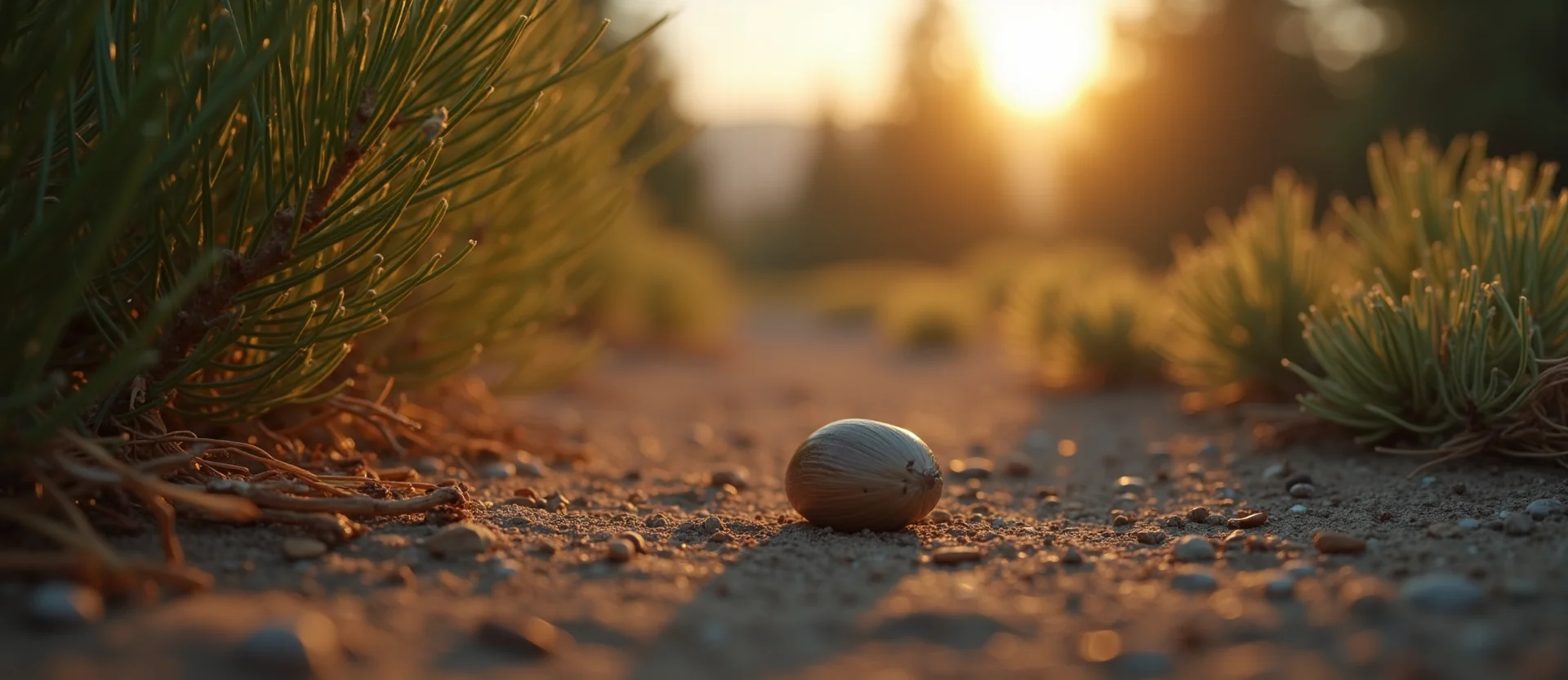 Symbolizing Seed/New Beginning: A local Ponderosa Pine single pine seed on dry earth. - AI Generated