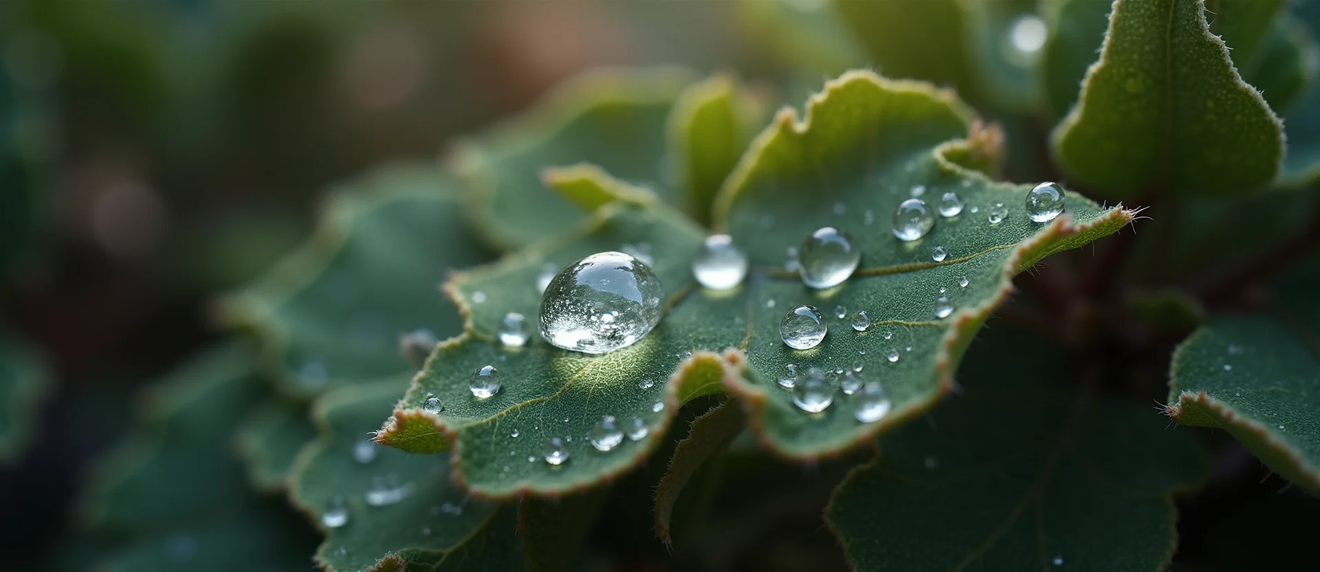 Symbolizing Flow/Cleansing: A local Mountain Mahogany raindrops on desert leaves. - AI Generated