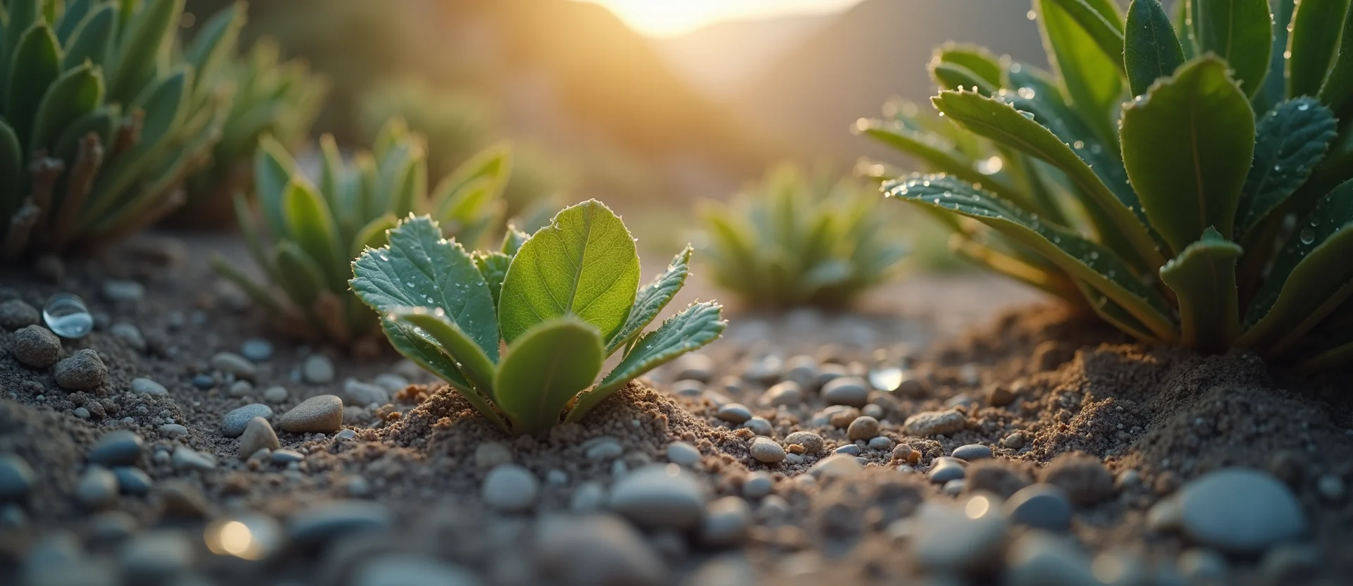 Symbolizing Flow/Cleansing: A local Desert Peach raindrops on desert leaves. - AI Generated
