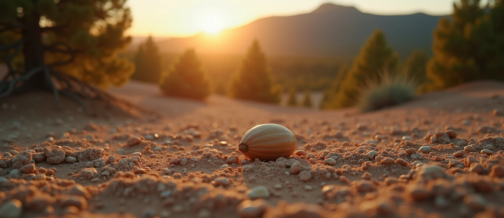 Symbolizing Seed/New Beginning: A local Ponderosa Pine single pine seed on dry earth. - AI Generated