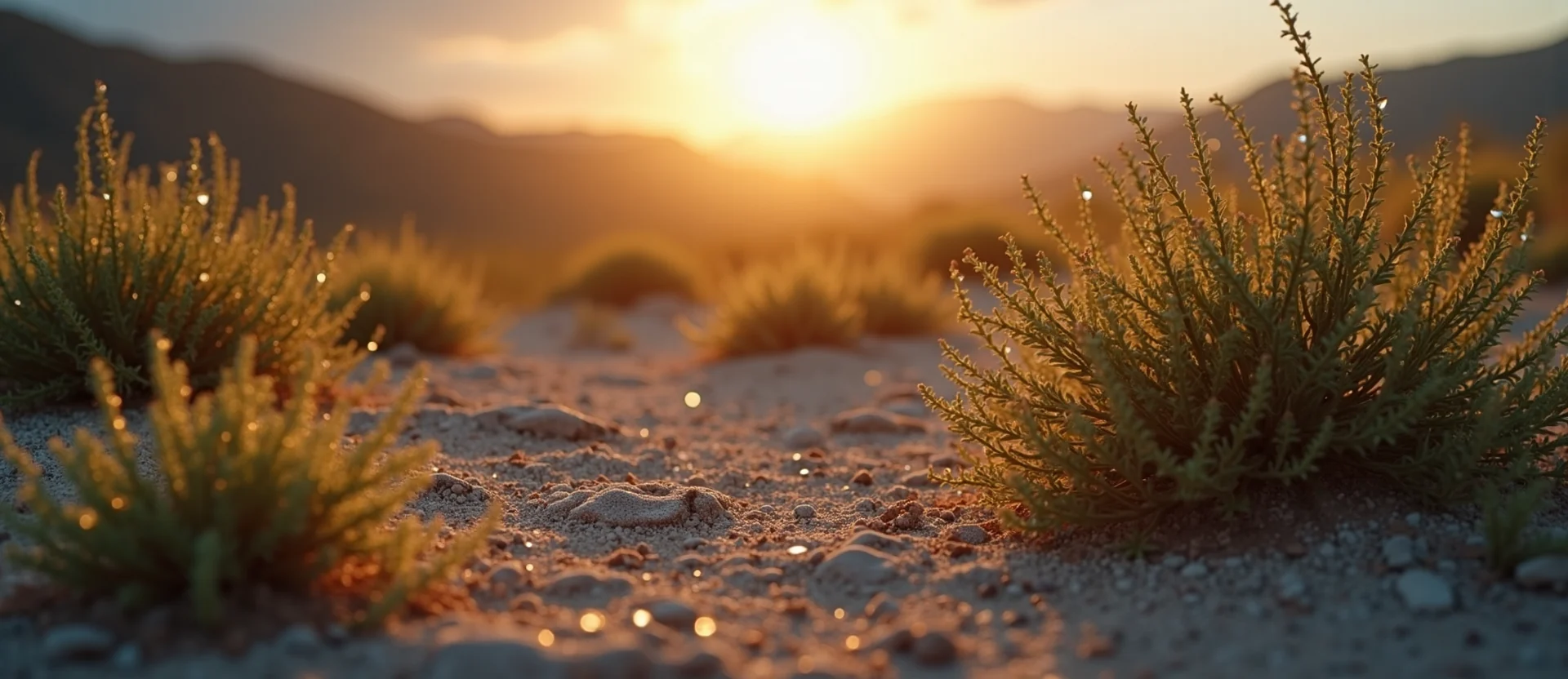 Symbolizing Flow/Cleansing: A local Desert Peach raindrops on desert leaves. - AI Generated