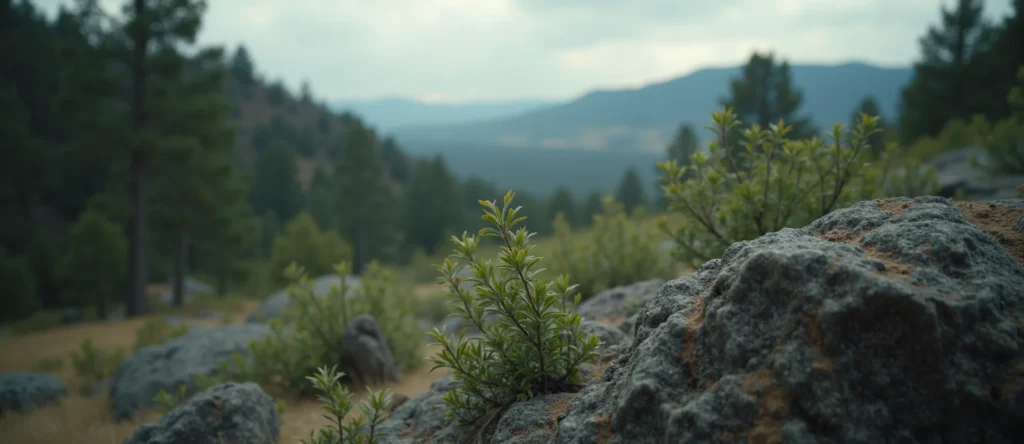 Symbolizing Flow/Cleansing: A local Ponderosa Pine raindrops on desert leaves. - AI Generated