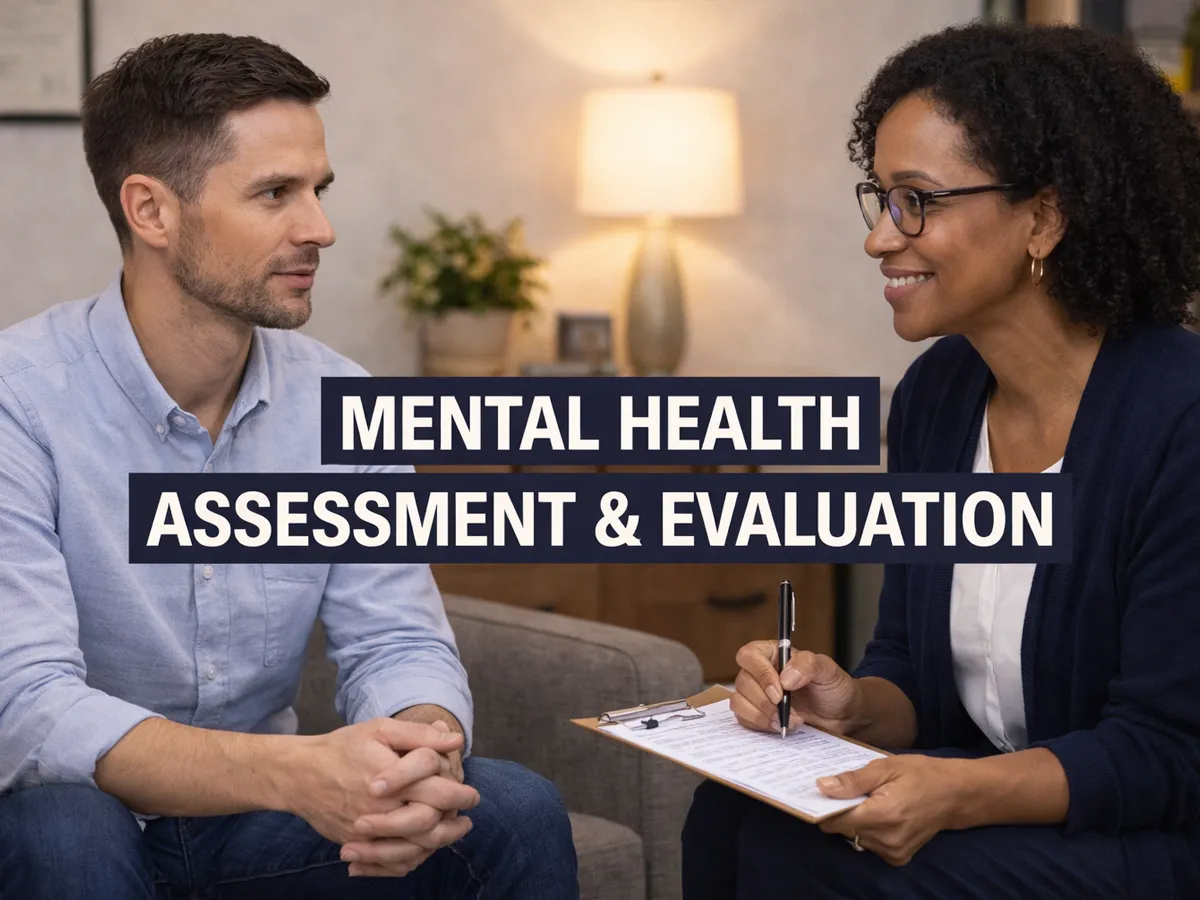 A professional female clinician conducting a clinical interview with a client in a Reno office, featuring large text overlay that reads "MENTAL HEALTH ASSESSMENT & EVALUATION," representing structured diagnostic screening, behavioral health reporting, and evidence-based clinical stabilization.