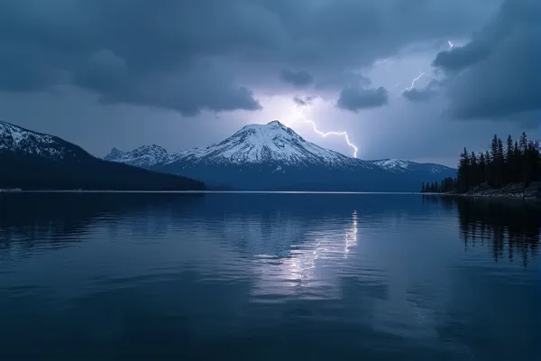 Cinematic landscape of Mt. Rose reflected in Lake Tahoe during a storm.