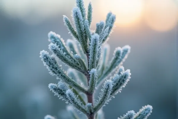 Extreme macro shot of frosted Nevada sagebrush needles in morning mist representing mental clarity and peace.