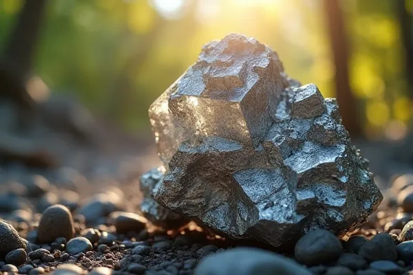 High-detail macro photography of the crystalline structure of raw Nevada silver ore resting on stones, bathed in dappled sunlight to symbolize finding value within and mental clarity.