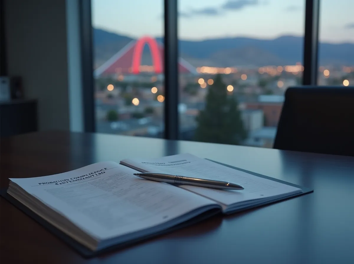 A professional "Probation Compliance & Attendance Log" portfolio and silver pen on a desk in a Reno treatment center, representing structured legal monitoring, treatment participation tracking, and certified clinical reporting.
