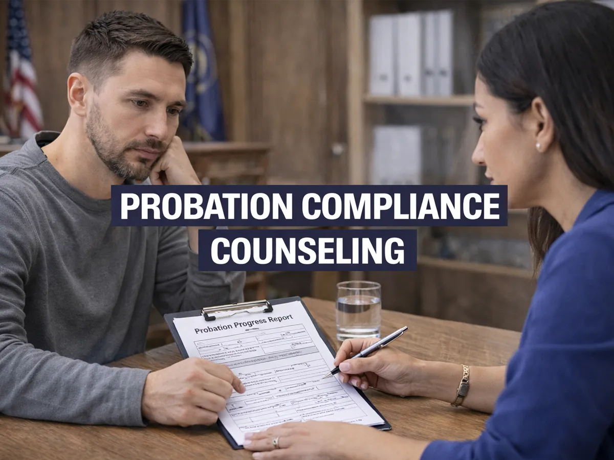 A professional clinician reviewing a "Probation Progress Report" with a client in a Reno treatment center, featuring large text overlay that reads "PROBATION COMPLIANCE COUNSELING," representing structured legal monitoring, treatment participation tracking, and certified clinical reporting.