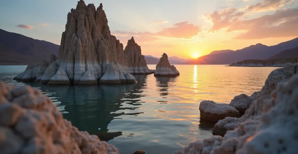 Dramatic low-angle view of Pyramid Lake tufa formations at sunset symbolizing resilience in Reno addiction recovery.