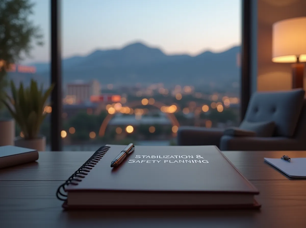 A professional "Stabilization & Safety Planning" notebook and pen on a desk in a Reno treatment center, representing structured trauma-informed therapy and gradual recovery support.