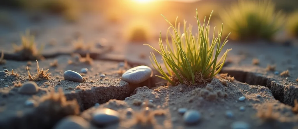 Symbolizing Seed/New Beginning: A local Sagebrush (Artemisia tridentata) shoot emerging from cracked soil. - AI Generated