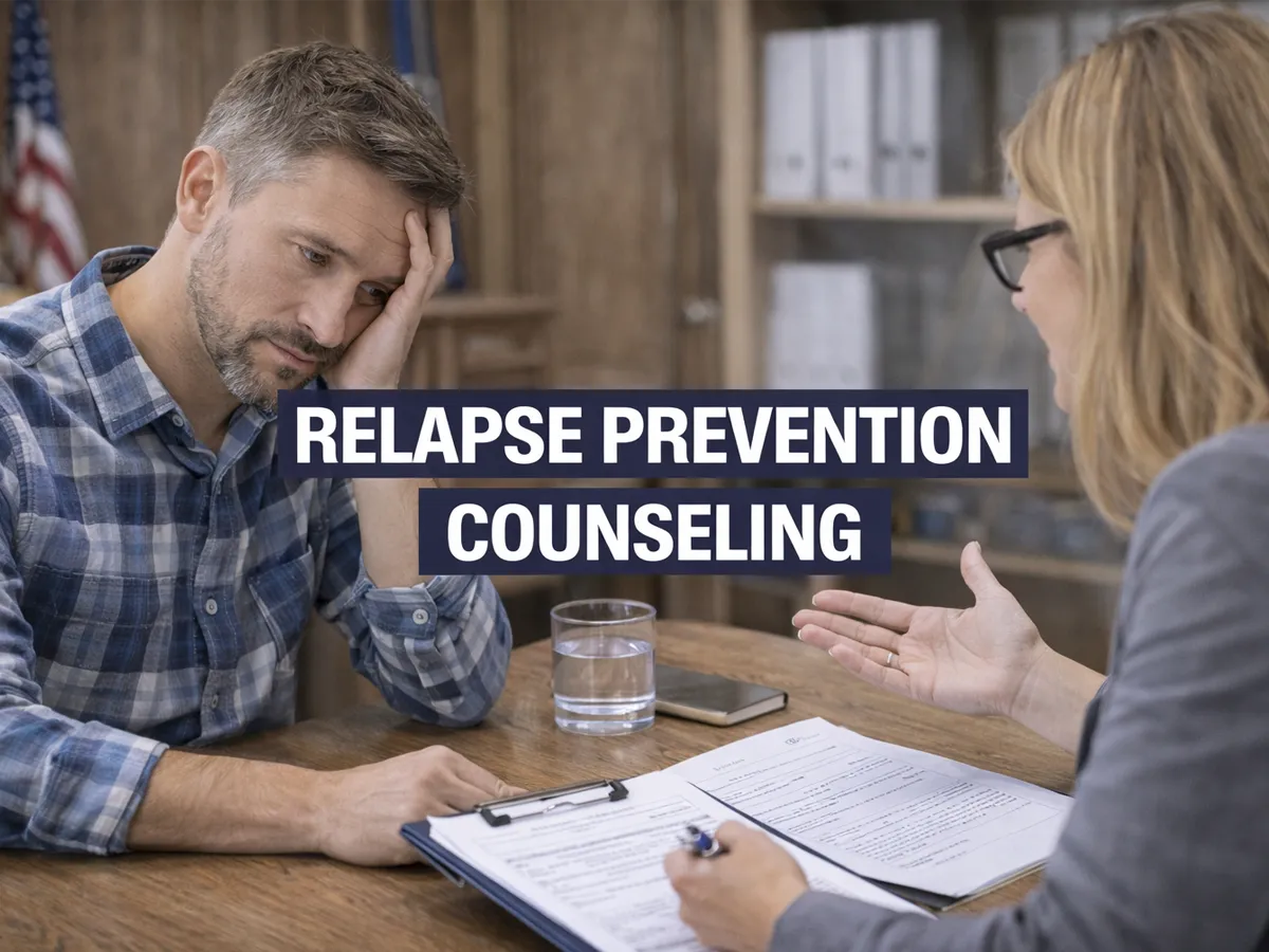 A professional clinician reviewing a "Relapse Prevention & Recovery Plan" with a client in a Reno treatment center, featuring large text overlay that reads "RELAPSE PREVENTION COUNSELING," representing structured clinical support, coping strategy development, and long-term recovery stability.