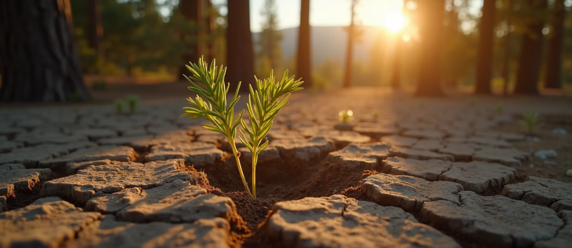 Symbolizing Seed/New Beginning: A local Ponderosa Pine shoot emerging from cracked soil. - AI Generated