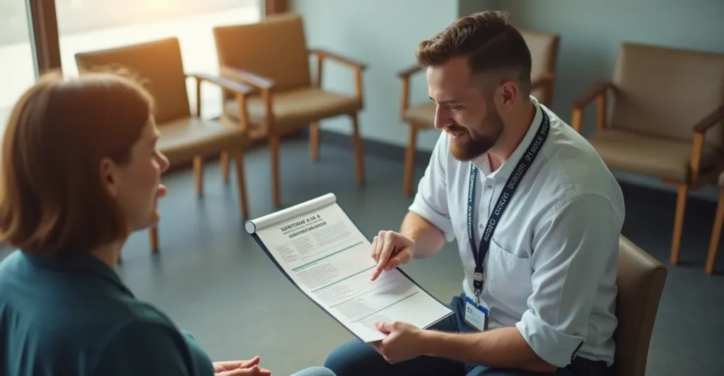 A visual of a certified professional clinician utilizing a structured "Substance Use & Dependence Evaluation" DSM-5-TR checklist with a client in a Reno treatment setting, representing specialized clinical assessment and certified expertise for court-ordered forensic services.