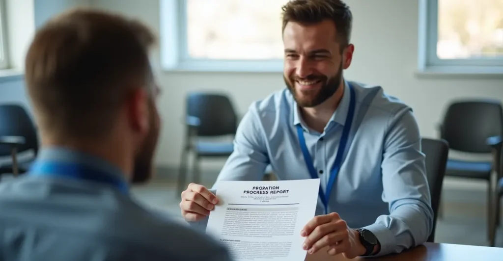 A licensed CADC professional reviewing a "Probation Progress Report" with a client in a Reno office, utilizing structured clinical monitoring and treatment participation tracking for court-ordered compliance.