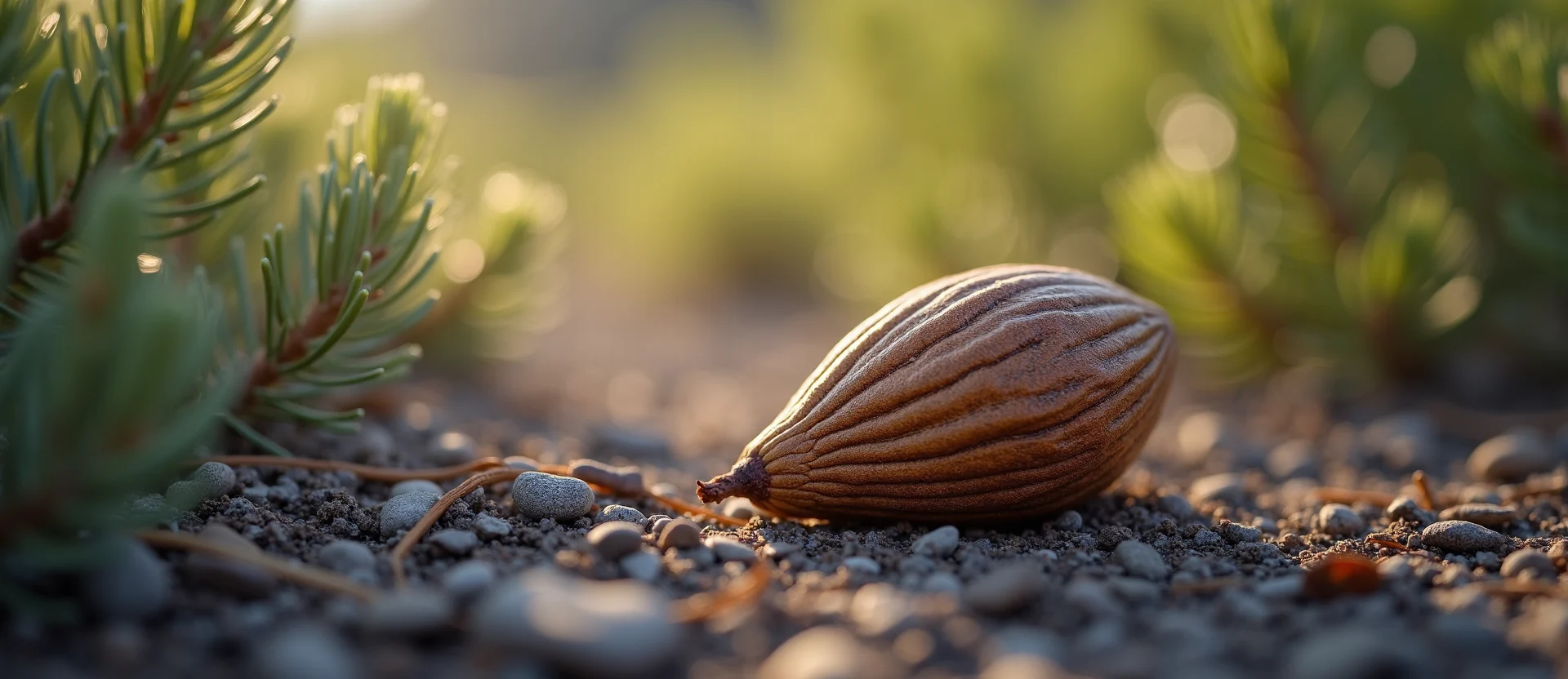 Symbolizing Seed/New Beginning: A local Mountain Mahogany single pine seed on dry earth. - AI Generated