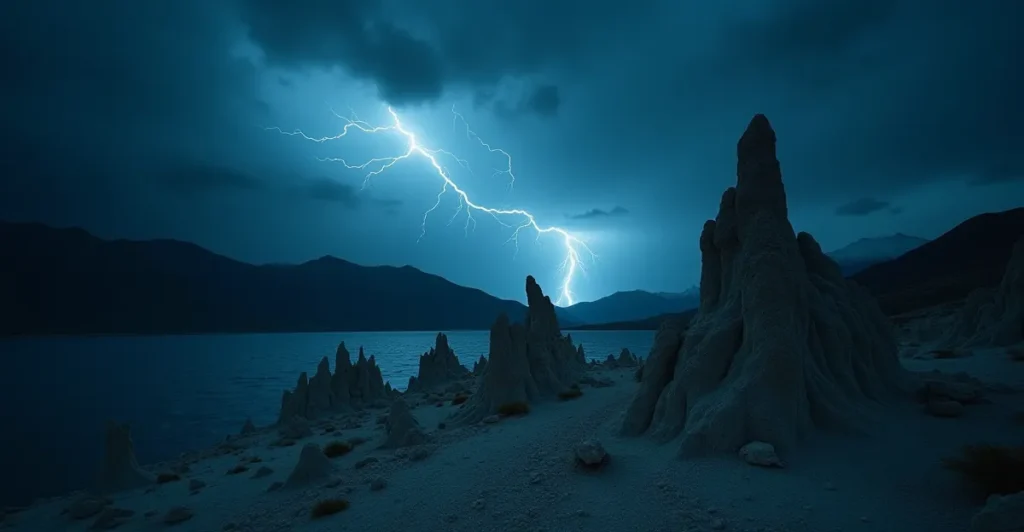 Cinematic low-angle view of Pyramid Lake tufa formations under a storm sky representing resilience in recovery.