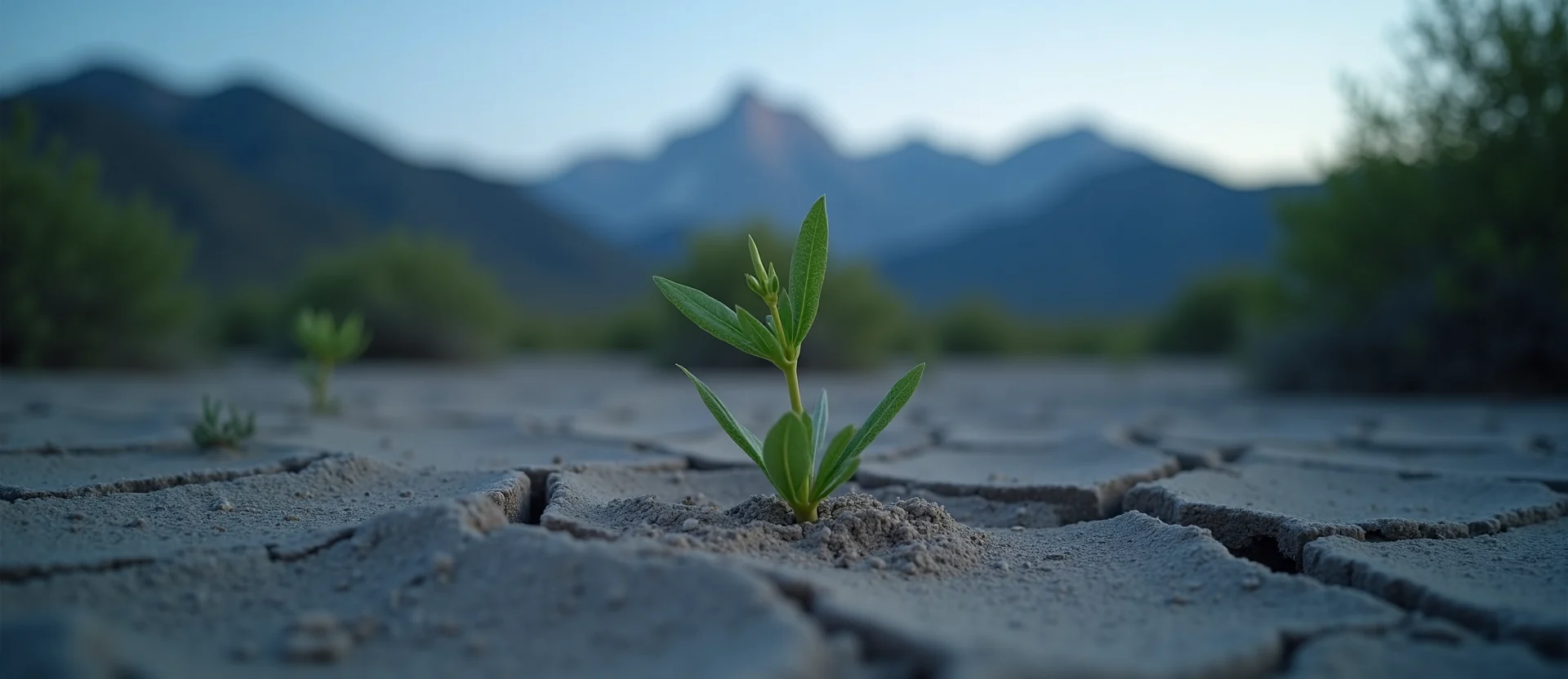 Symbolizing Seed/New Beginning: A local Desert Peach shoot emerging from cracked soil. - AI Generated