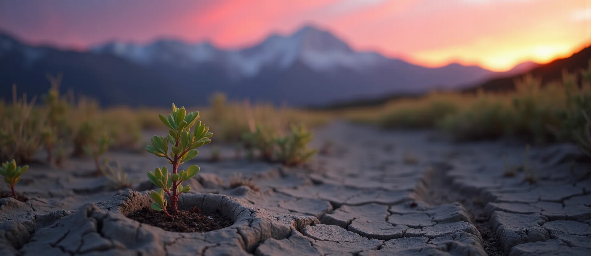 Symbolizing Seed/New Beginning: A local Sagebrush (Artemisia tridentata) shoot emerging from cracked soil. - AI Generated