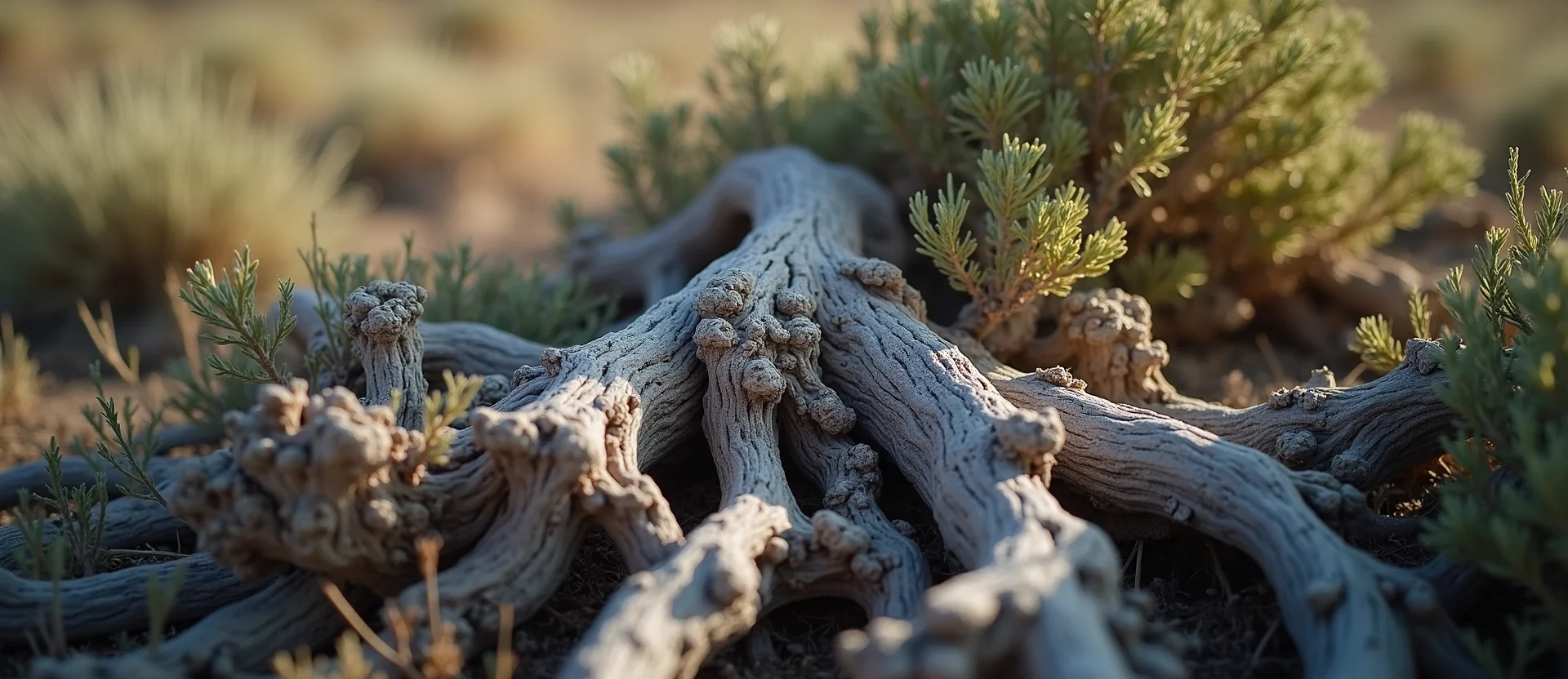 Symbolizing Growth/Resilience: A local Rabbitbrush gnarled juniper roots. - AI Generated