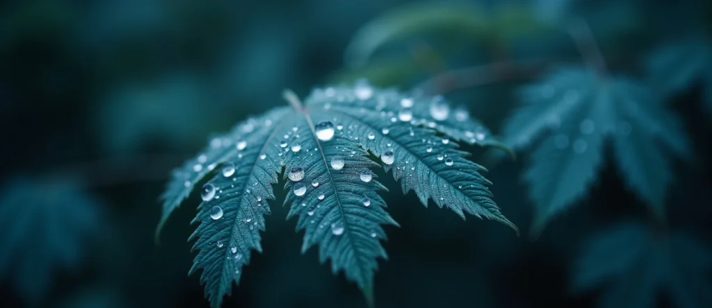 Symbolizing Flow/Cleansing: A local Mountain Mahogany raindrops on desert leaves. - AI Generated