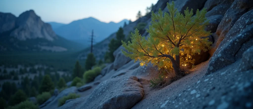 Symbolizing Growth/Resilience: A local Desert Peach tree growing out of a rock cleft. - AI Generated